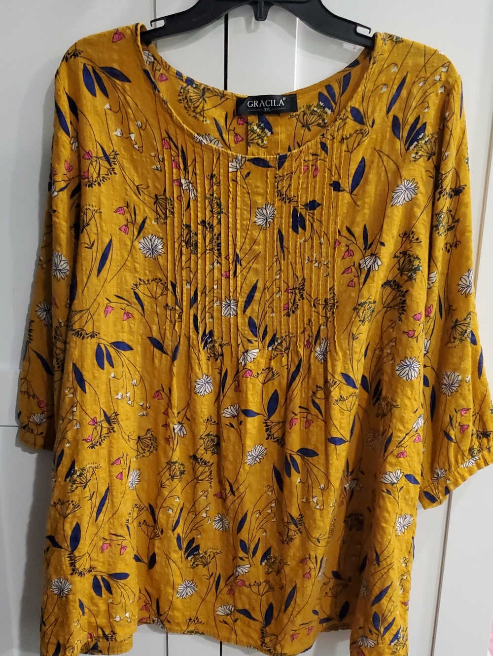 Gracila Mustard Floral Pintuck Tunic Top 100%cotton